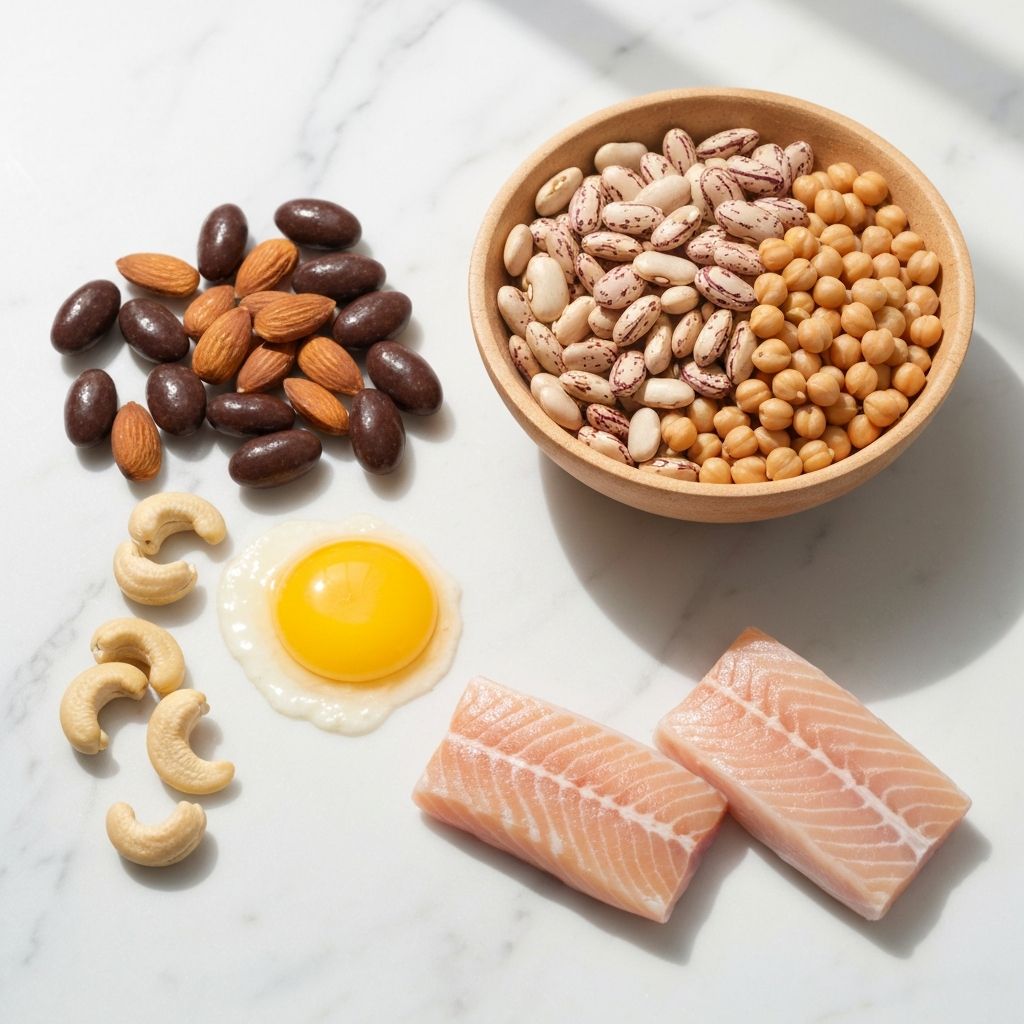 Produkty bogate w białko - jaja, orzechy, rośliny strączkowe